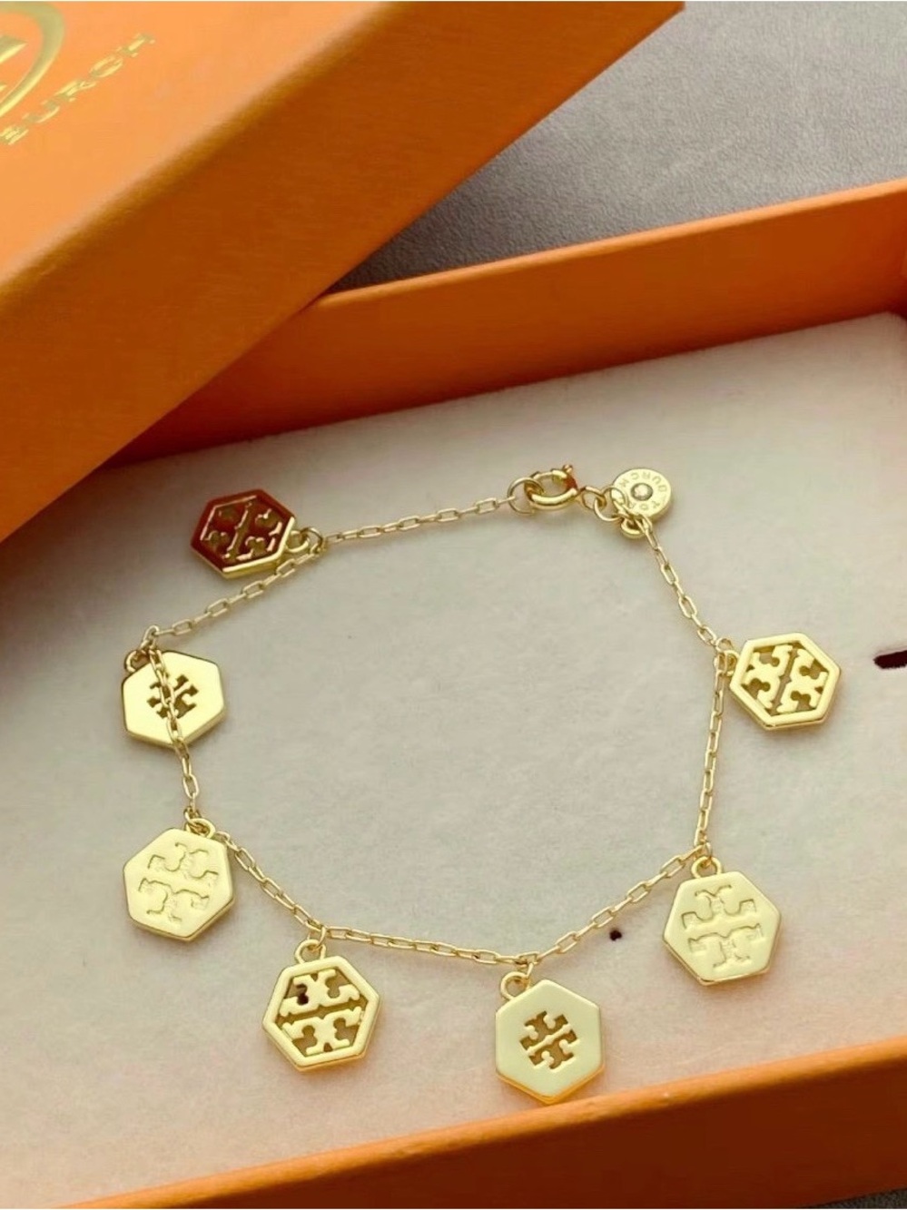 Tory Burch Gold Hexagon Charm Chain Bracelet